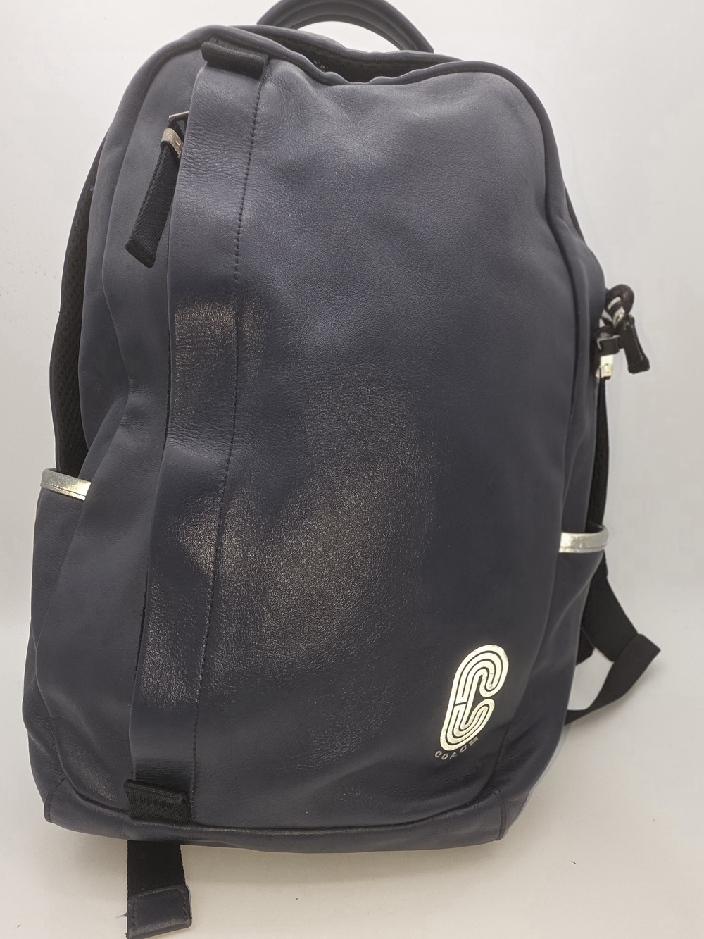 Coach Men's Dark Navy Backpack with Silver Accents
